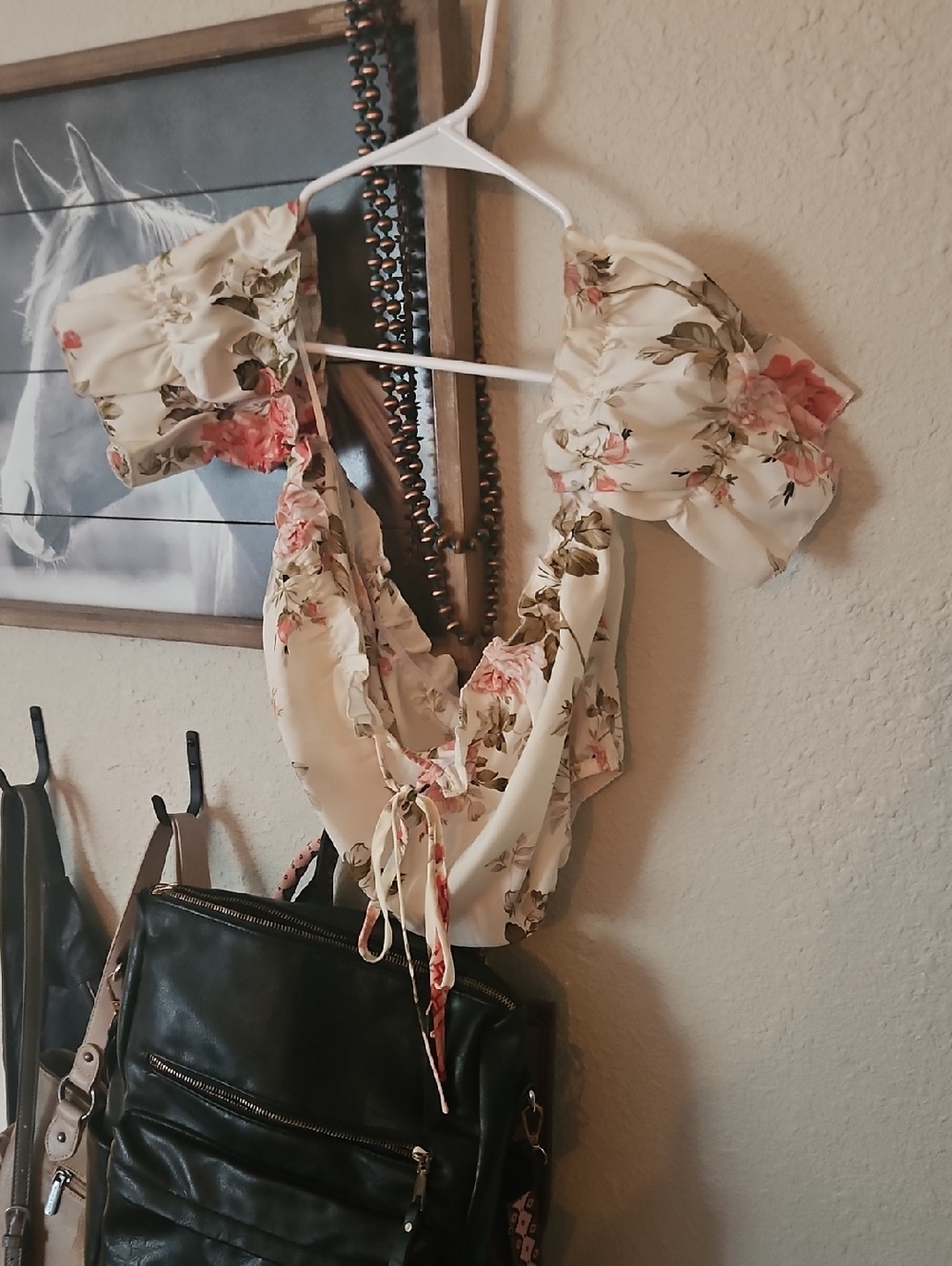 Floral Tie-Front Puff Sleeve Crop Top - Cream